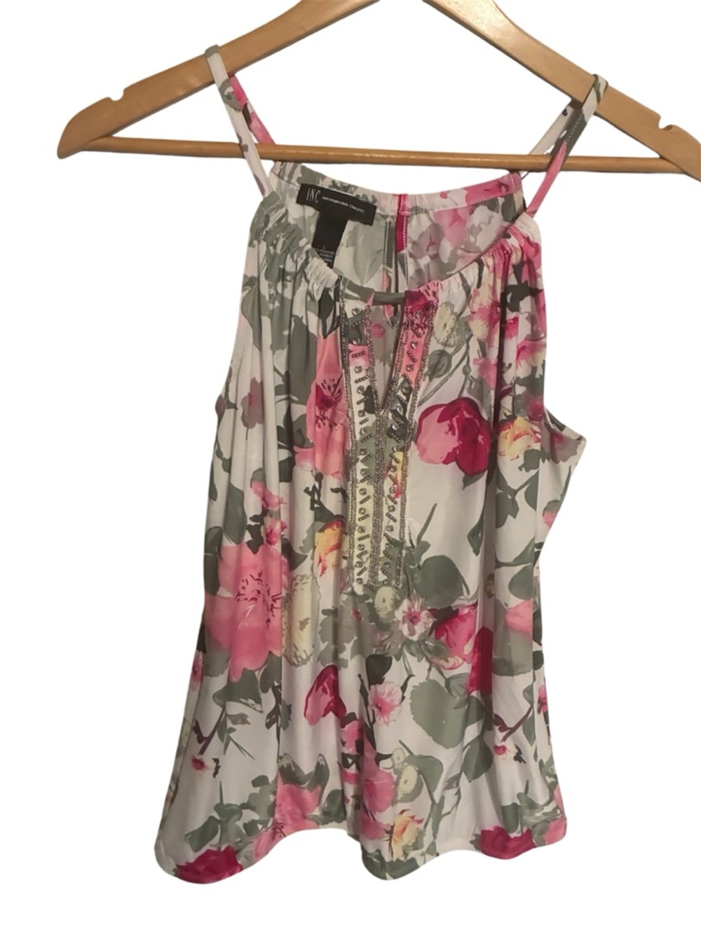 INC International Concepts Pink Floral Strappy Camisole with Embellished Placket
